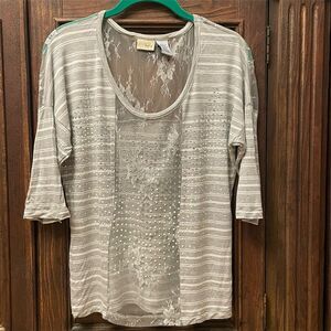 Daytrip Womens Size Large L, 3/4 Sleeve Sheer Lace Rhinestone Top Grey, Striped